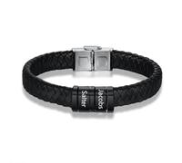 GemMyShin Personalized Leather Bracelet for Men 1-8 Name Beads Charm Men Bracelets Custom Engraved with Names Braid Leather Bracelet for Father Dad Husband Birthday Valentine Christmas Gifts, L
