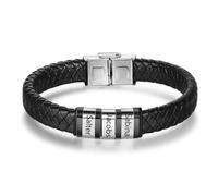 GemMyShin Personalized Leather Bracelet for Men 1-8 Name Beads Charm Men Bracelets Custom Engraved with Names Braid Leather Bracelet for Father Dad Husband Birthday Valentine Christmas Gifts, L