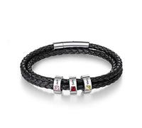 GemMyShin Personalized Leather Bracelet for Men 1-8 Name Beads Charm Men Bracelets Custom Engraved with Names Braid Leather Bracelet for Father Dad Husband Birthday Valentine Christmas Gifts, L