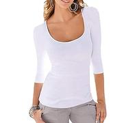 Gemolly Women's 3/4 Sleeve Cotton Tops Square Neck Soft Stretch Slim Fit Tee Shirts - White - Small