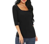Gemolly Women's 3/4 Sleeve Tops Square Neck Soft Stretch Slim Fit Tee Shirts, Black, S