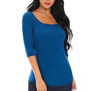 Gemolly Women's 3/4 Sleeve Tops Square Neck Soft Stretch Slim Fit Tee Shirts, Royal Blue, L