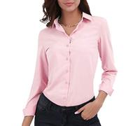 Gemolly Women's Basic Button Down Shirts Long Sleeve Plus Size Simple Stretch Formal Casual Shirt Blouse, Pink, M