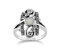 Gemondo 925 Sterling Silver 0.28ct Opal Cabochon & 0.15ct Marcasite Classic Art Nouveau Style Ring
