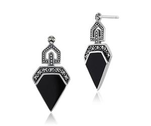 Gemondo 925 Sterling Silver 3ct Black Onyx & 0.25ct Marcasite Classic Art Deco Drop Earrings