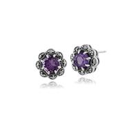 Gemondo 925 Sterling Silver Amethyst & Marcasite Floral Stud Earrings