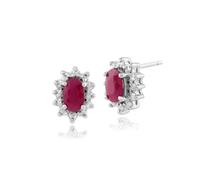 Gemondo 9ct White Gold Oval Ruby & Diamond Cluster Stud Earrings Red
