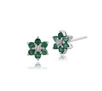 Gemondo 9ct White Gold Round Six Emerald & Diamond Floral Cluster Stud Earrings