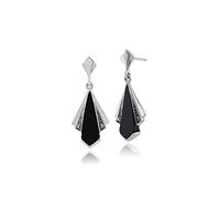 Gemondo Art Deco Earrings, 925 Sterling Silver Art Deco Black Onyx & Marcasite Drop Earrings