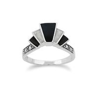 Gemondo Art Deco Ring, 925 Sterling Silver Art Deco Black and White Enamel & Marcasite Ring