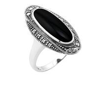 Gemondo Art Deco Ring, Sterling Silver 1.30ct Black Onyx & 0.23ct Marcasite Cocktail Ring
