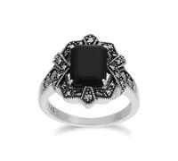 Gemondo Art Deco Style Baguette Black Onyx & Marcasite Ring in 925 Sterling Silver - M