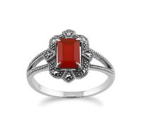 Gemondo Art Deco Style Baguette Carnelian & Marcasite Ring in 925 Sterling Silver - L