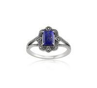 Gemondo Art Deco Style Baguette Lapis Lazuli & Marcasite Ring in 925 Sterling Silver - L