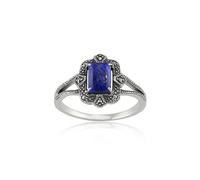 Gemondo Art Deco Style Baguette Lapis Lazuli & Marcasite Ring in 925 Sterling Silver - P