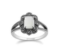 Gemondo Art Deco Style Baguette Mother of Pearl & Marcasite Ring in 925 Sterling Silver - P