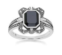 Gemondo Art Deco Style Baguette Onyx and Marcasite Ring in Sterling Silver - N