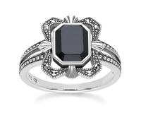 Gemondo Art Deco Style Baguette Onyx and Marcasite Ring in Sterling Silver - Q