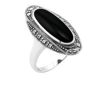 Gemondo Art Deco Style Black Onyx Cabochon & Marcasite Ring in 925 Sterling Silver - S