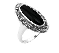 Gemondo Art Deco Style Black Onyx Cabochon & Marcasite Ring in 925 Sterling Silver - T