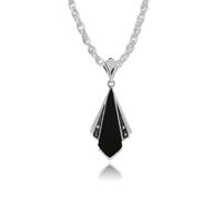 Gemondo Art Deco Style Black Onyx & Marcasite Fan Drop Pendant in 925 Sterling Silver