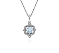 Gemondo Art Deco Style Cushion Blue Topaz & Marcasite Pendant Necklace in Sterling Silver