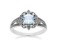 Gemondo Art Deco Style Cushion Blue Topaz & Marcasite Ring in Sterling Silver - M