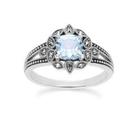 Gemondo Art Deco Style Cushion Blue Topaz & Marcasite Ring in Sterling Silver - P