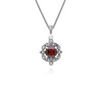Gemondo Art Deco Style Cushion Garnet & Marcasite Pendant Necklace in Sterling Silver