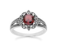 Gemondo Art Deco Style Cushion Garnet & Marcasite Ring in Sterling Silver - N