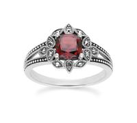 Gemondo Art Deco Style Cushion Garnet & Marcasite Ring in Sterling Silver - P