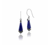 Gemondo Art Deco Style Diamond Lapis Lazuli Cabochon & Marcasite Drop Earrings in 925 Sterling Silver - 2ct Lapis Lazuli & Marcasite Art Deco Earrings in 925 Sterling Silver