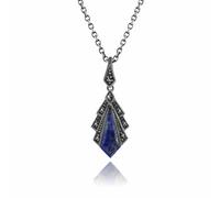 Gemondo Art Deco Style Lapis Lazuli & Marcasite Pendant in 925 Sterling Silver - 1ct Lapis Lazuli & Marcasite Art Deco Necklace in 925 Sterling Silver