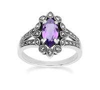 Gemondo Art Deco Style Marquise Amethyst & Marcasite Ring in Sterling Silver - L