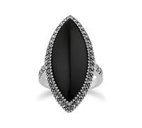 Gemondo Art Deco Style Marquise Black Onyx & Marcasite Statement Ring in 925 Sterling Silver - L