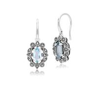 Gemondo Art Deco Style Marquise Blue Topaz & Marcasite Drop Earrings in Sterling Silver