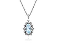 Gemondo Art Deco Style Marquise Blue Topaz & Marcasite Pendant Necklace in Sterling Silver