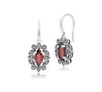 Gemondo Art Deco Style Marquise Garnet & Marcasite Drop Earrings in Sterling Silver