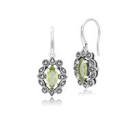 Gemondo Art Deco Style Marquise Peridot & Marcasite Drop Earrings in Sterling Silver