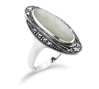 Gemondo Art Deco Style Mother of Pearl Cabochon & Marcasite Ring in 925 Sterling Silver - K