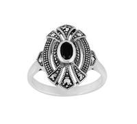 Gemondo Art Deco Style Oval Black Onyx & Marcasite Cocktail Ring in 925 Sterling Silver - I