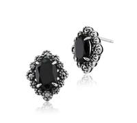 Gemondo Art Deco Style Oval Black Spinel & Marcasite Stud Earrings in 925 Sterling Silver - Sterling Silver 2.00ct Black Spinel & 0.24ct Marcasite Art Deco Stud Earrings