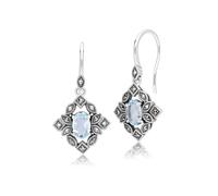 Gemondo Art Deco Style Oval Blue Topaz & Marcasite Drop Earrings in Sterling Silver