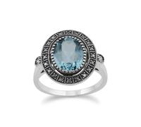 Gemondo Art Deco Style Oval Blue Topaz & Marcasite Statement Cocktail Ring In Sterling Silver - O