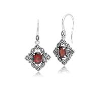 Gemondo Art Deco Style Oval Garnet & Marcasite Drop Earrings in Sterling Silver