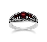 Gemondo Art Deco Style Oval Garnet & Marcasite Three Stone Ring in 925 Sterling Silver - K
