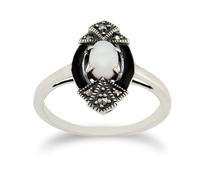 Gemondo Art Deco Style Oval Opal, Marcasite & Black Enamel Marquise Ring In Sterling Silver - I