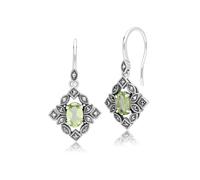 Gemondo Art Deco Style Oval Peridot & Marcasite Drop Earrings in Sterling Silver
