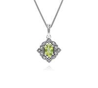 Gemondo Art Deco Style Oval Peridot & Marcasite Pendant Necklace in Sterling Silver