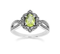 Gemondo Art Deco Style Oval Peridot & Marcasite Ring in Sterling Silver - P